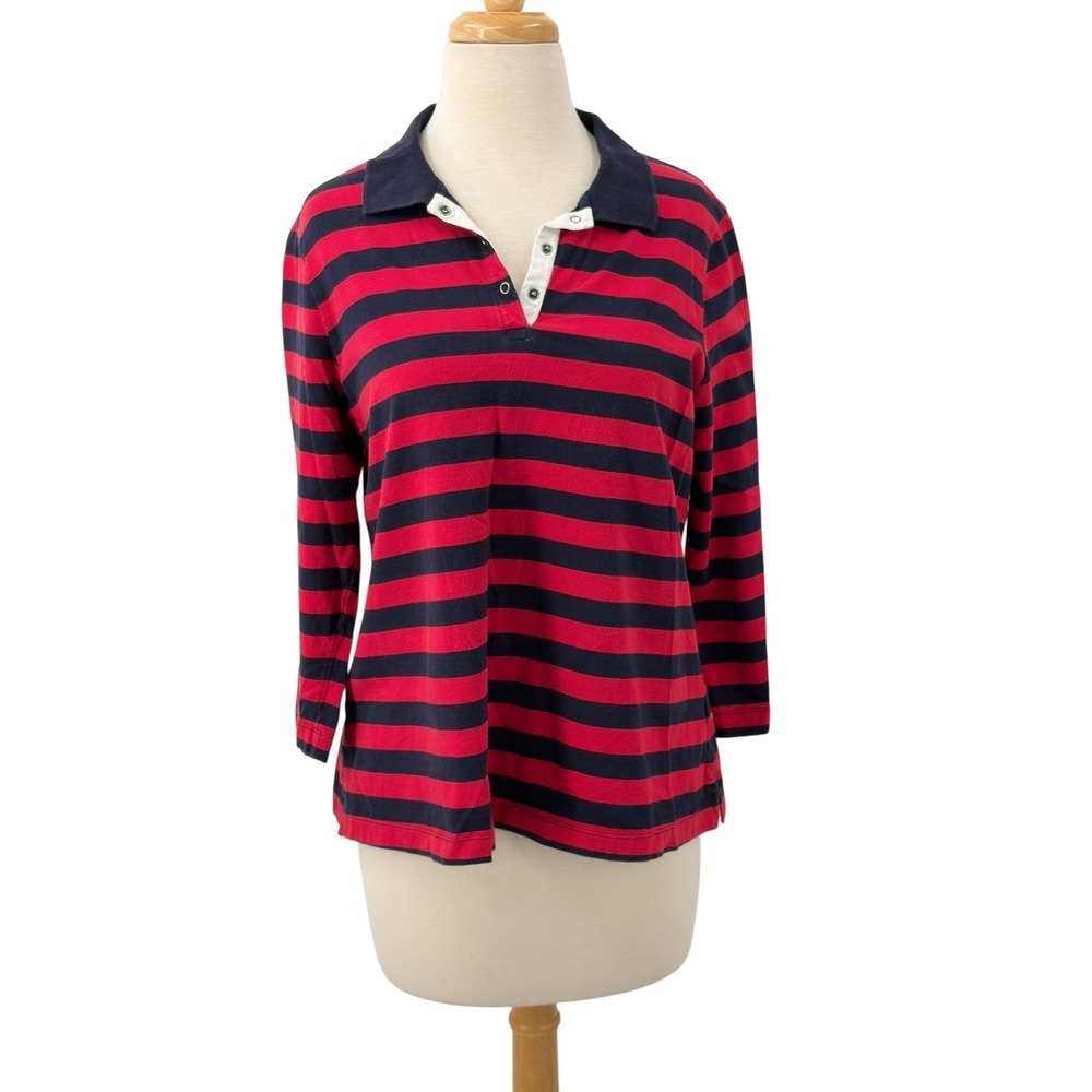 Motherhood Maternity Women's Red Navy Blue Striped Polo Shirt 3/4 Sleeve Size M